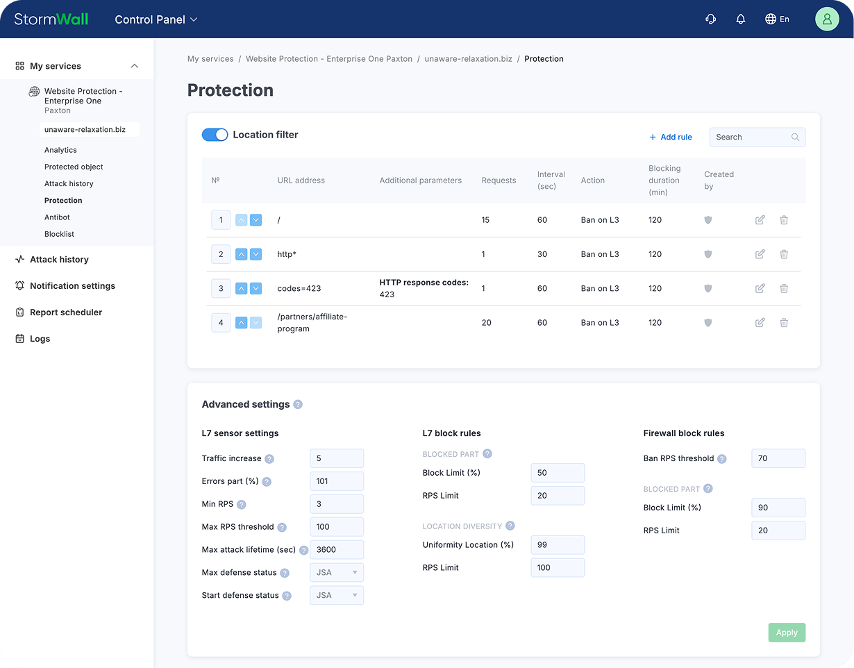 Protection settings — Client Portal